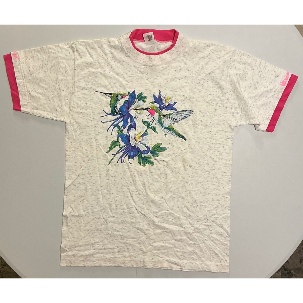 VTG USA Made Hummingbird Floral Fairy Nature T Shirt Womens L White Pink Ringer